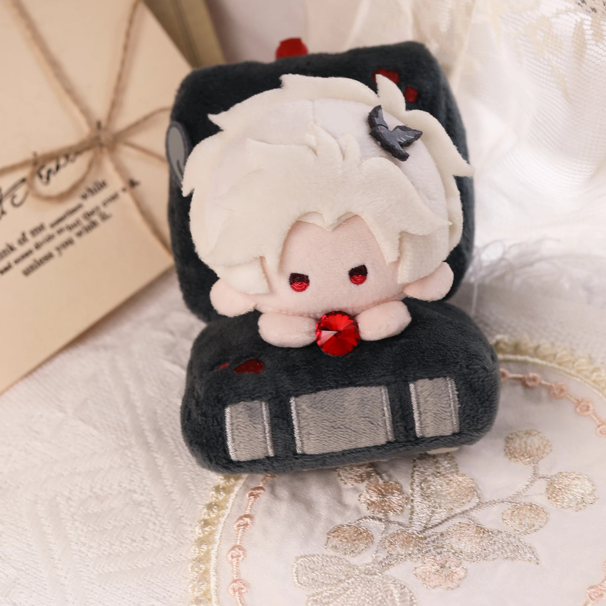 Love and Deepspace hug sandwich plush doll white hair in black leather bun with red gem