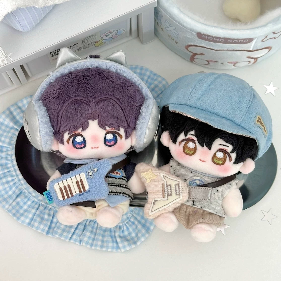 Love and Deepspace Embroidered plush dolls purple hair and black hair sitting together in outfits