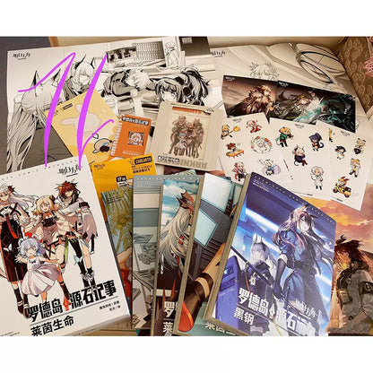 Arknights Originum Records manga box set five volumes with stickers and posters laid out