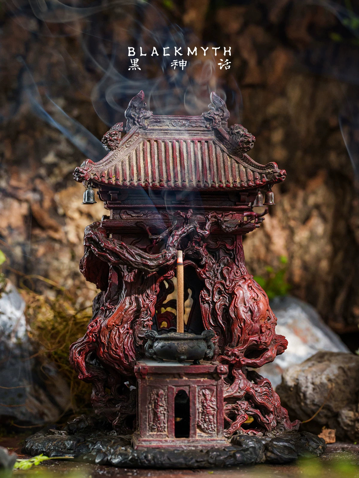 Black Myth: Wukong Black Wind Mountain Land God Shrine incense burner front view with incense smoke
