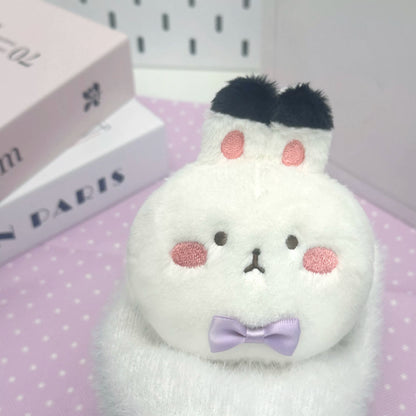 Love and Deepspace Four Mascot Series plush charm white rabbit with purple bow tie close-up