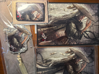 Where Winds Meet character series acrylic charms and art board set laid out on wooden table