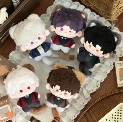 Love and Deepspace cat card plush dolls five designs arranged in a circle on lace mat