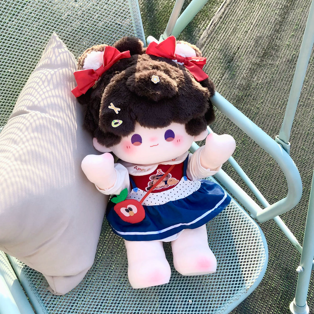 Love and Deepspace 19.69 inch standing plush doll brown hair in navy dress with bows
