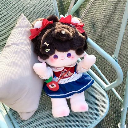 Love and Deepspace 19.69 inch standing plush doll brown hair in navy dress with bows