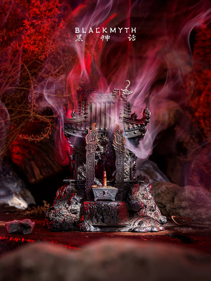 Black Myth: Wukong Flaming Mountains Land God Shrine incense burner with smoke, red scene