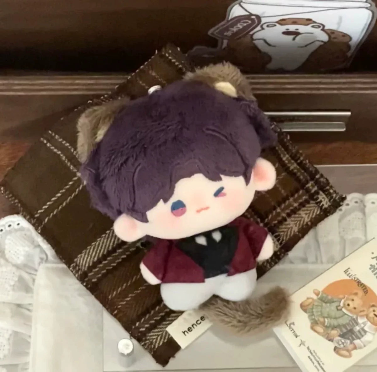 Love and Deepspace cat card plush charm purple-haired cat in burgundy jacket