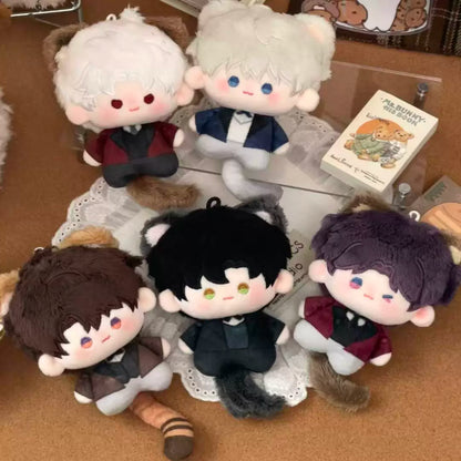 Love and Deepspace cat card plush dolls five designs on a wooden table