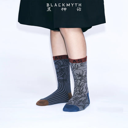 Black Myth: Wukong jacquard ribbed socks worn, striped and dragon pattern pair