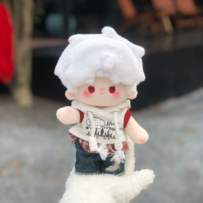 Love and Deepspace Manman-Body plush doll white hair red eyes sitting on white fur outdoors