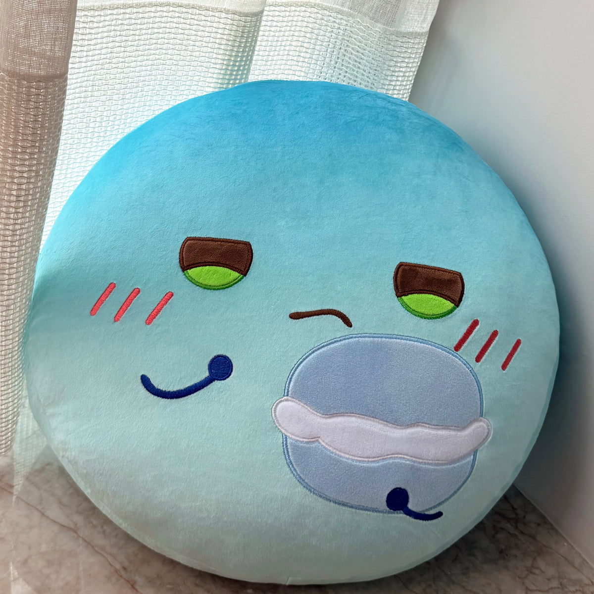Love and Deepspace 15.75 inch emotion plush pillow blue frowning face biting a burger