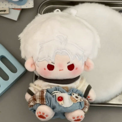 Love and Deepspace bead-eye plush doll white hair in striped shirt and denim shorts