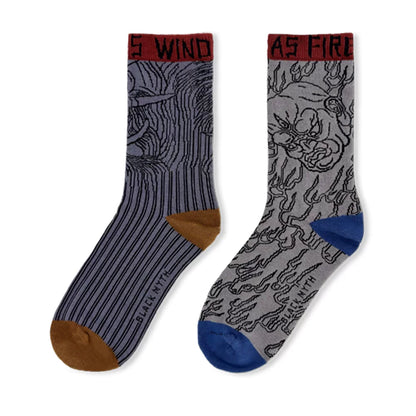 Black Myth: Wukong jacquard ribbed socks striped and dragon pattern pair laid flat