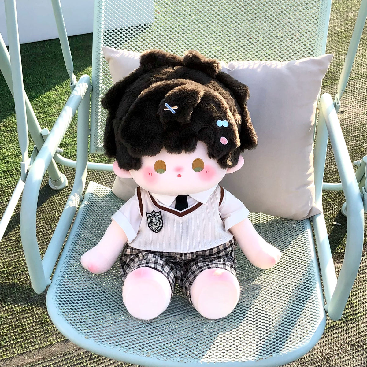 Love and Deepspace 19.69 inch standing plush doll brown hair in shirt and plaid shorts