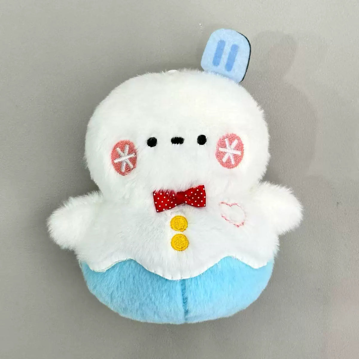 Love and Deepspace Four Mascot Series plush charm white chick with red bow tie angled view