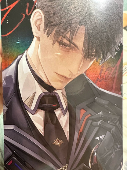 Love and Deepspace Caleb Lingering Affection artwork in black suit on red painted background