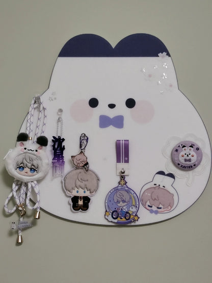 Love and Deepspace Character Felt Display Board cat shape with pinned badges and charms wall display