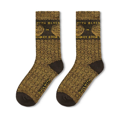 Black Myth: Wukong jacquard ribbed socks black pair with gold Black Myth lettering and stone monkey motif