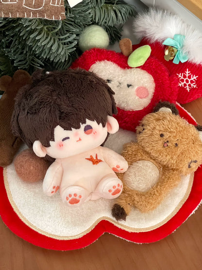 Love and Deepspace Caleb plush doll undressed from vest with bear plush and apple cushion