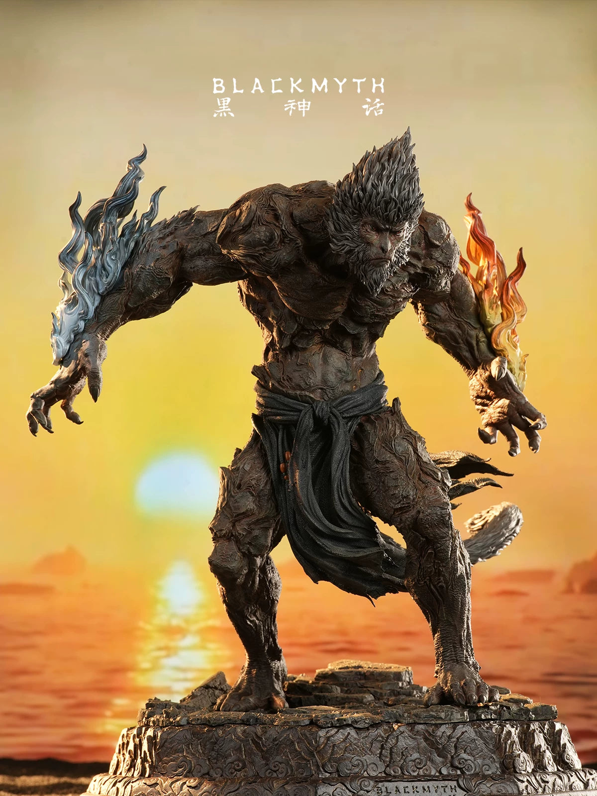 Black Myth: Wukong Stone Monkey statue with blue and orange flame effects