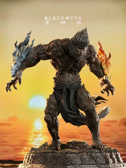 Black Myth: Wukong Stone Monkey statue with blue and orange flame effects