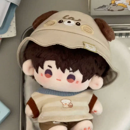Love and Deepspace bead-eye plush doll brown hair wearing puppy cap and striped shirt