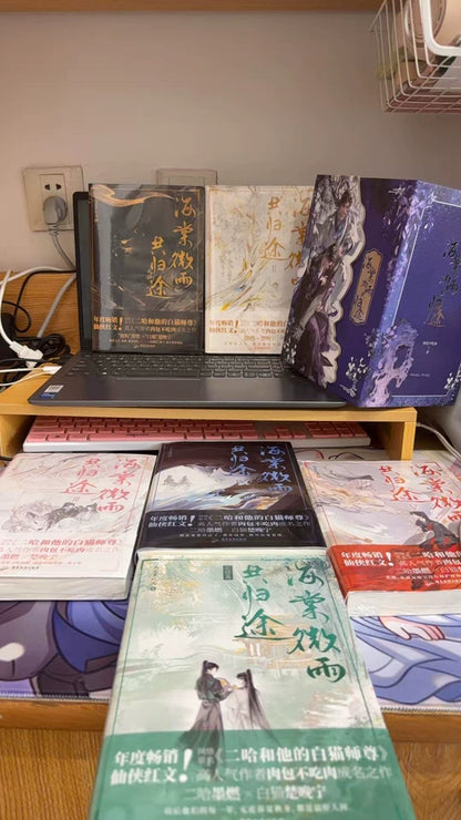 The Husky and His White Cat Shizun novels six books displayed among collector shelf