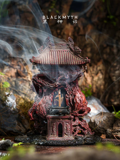 Black Myth: Wukong Black Wind Mountain Land God Shrine incense burner outdoors with smoke