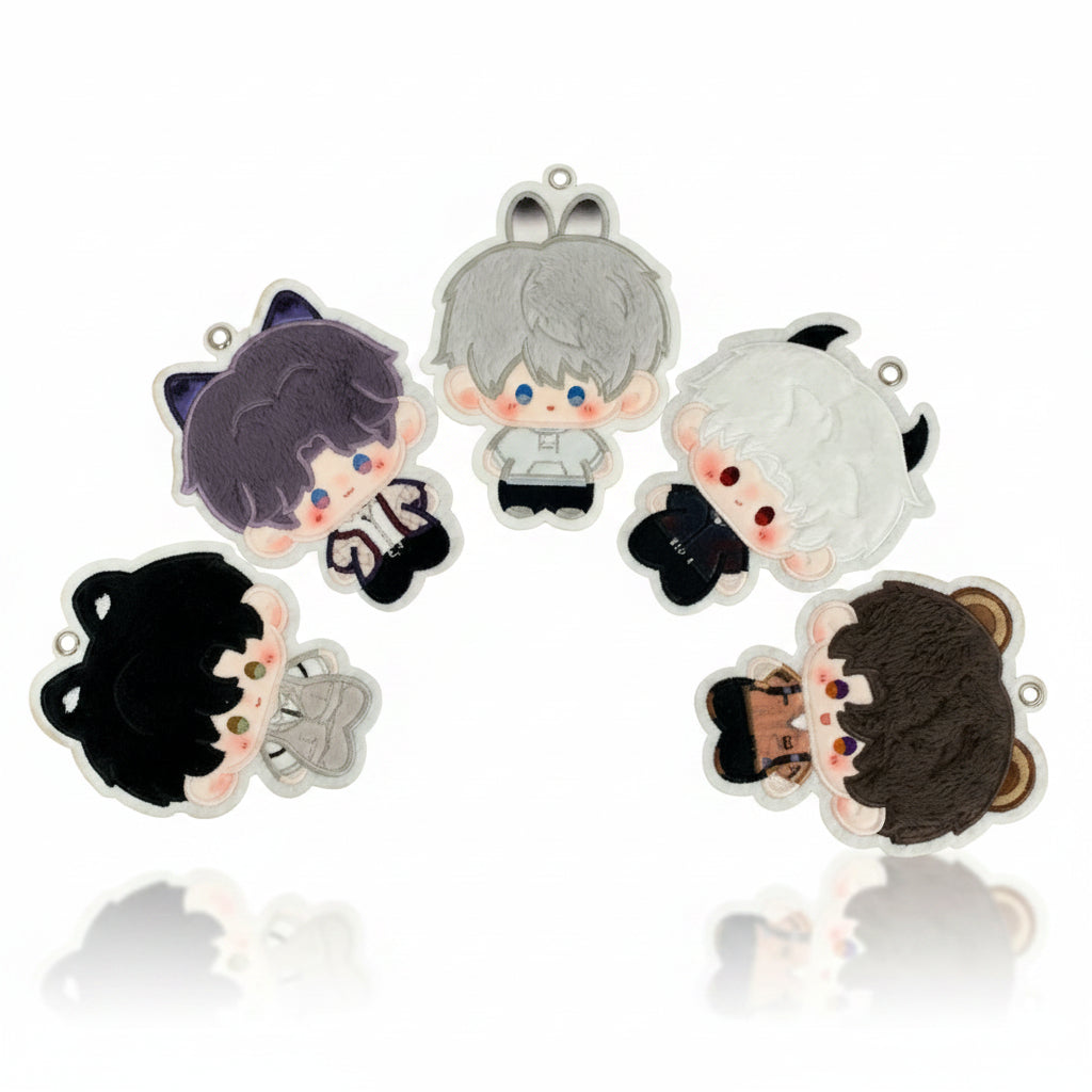 Five Love and Deepspace fan-made embroidered plush character charms