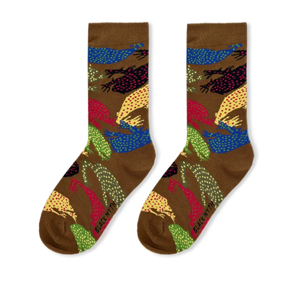 Black Myth: Wukong jacquard ribbed socks brown pair with bird and beast pattern
