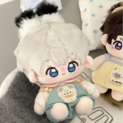 Love and Deepspace magnetic tail plush doll white hair in blue overalls with black tail