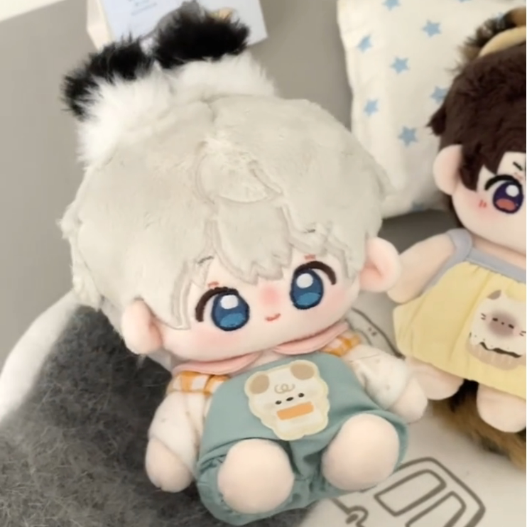 Love and Deepspace magnetic tail plush doll white hair in blue overalls with black tail