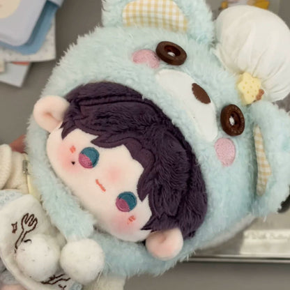 Love and Deepspace bead-eye plush doll purple hair wearing blue bear hood