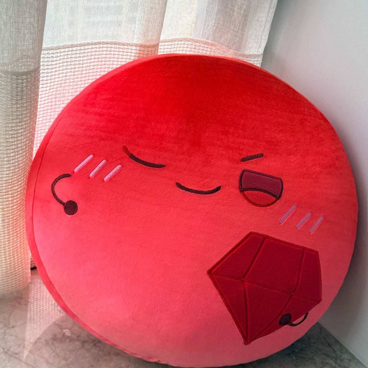 Love and Deepspace 15.75 inch emotion plush pillow red smiling face biting a gem