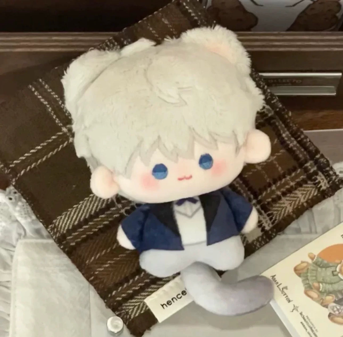 Love and Deepspace cat card plush charm silver-haired cat in blue jacket