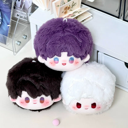 Love and Deepspace round plush doll charms purple, black and white hair stacked together