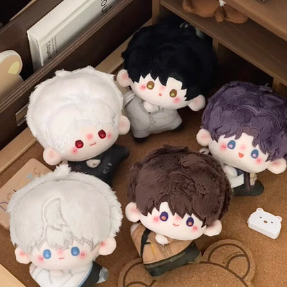 Love and Deepspace Magnetic Bean plush dolls five dolls on wooden surface