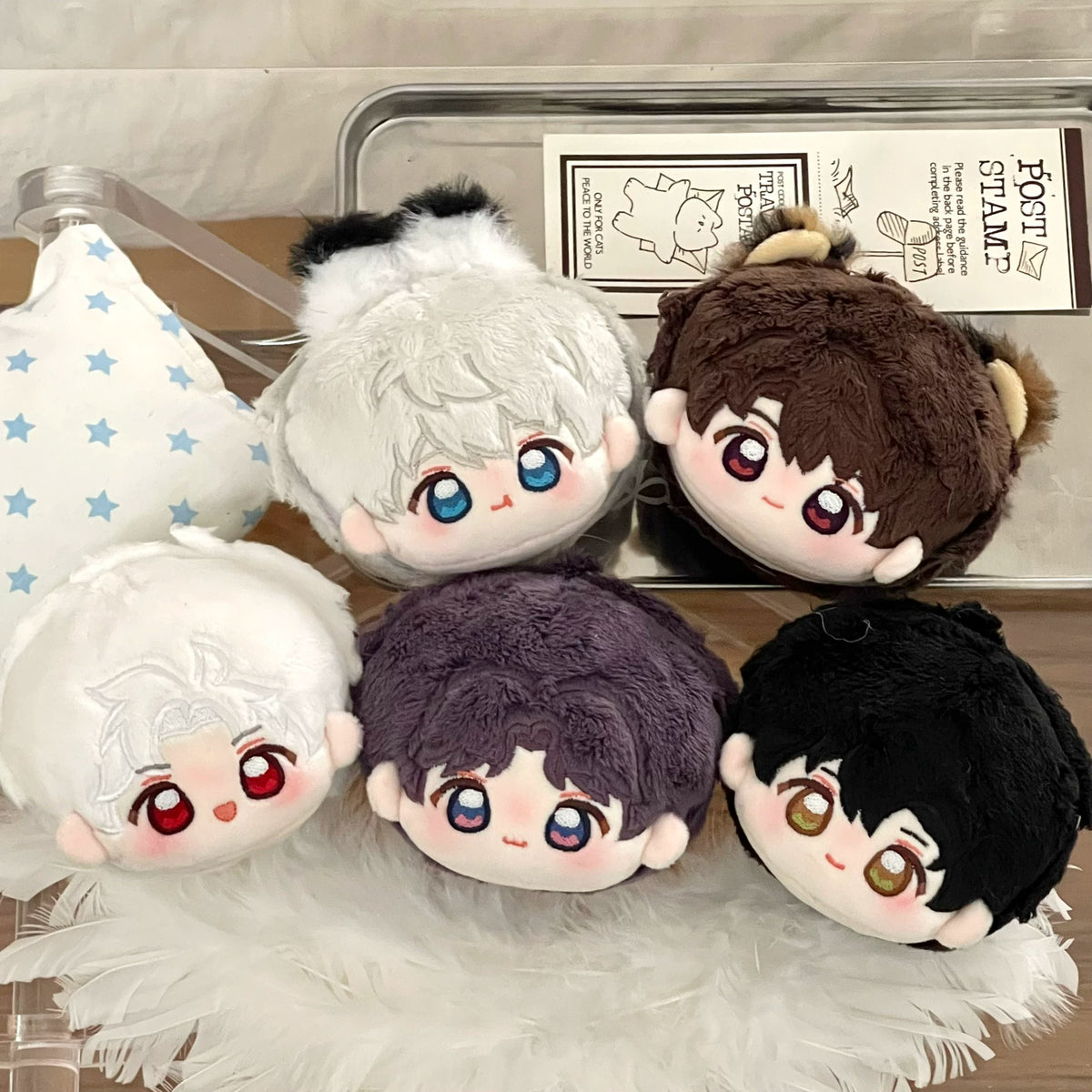 Love and Deepspace round-head plush charms six colorways displayed together