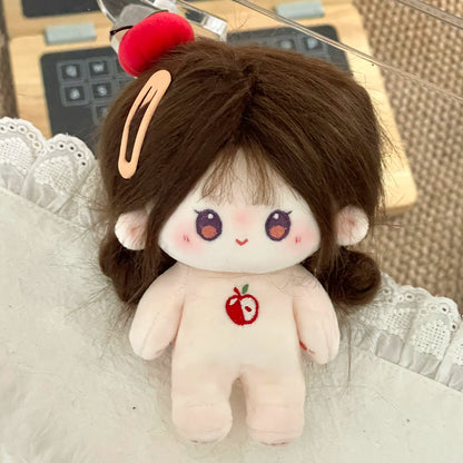 Love and Deepspace Tousled-Hair plush doll brown hair with apple motif close-up