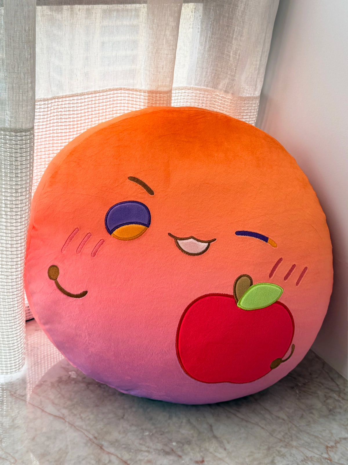 Love and Deepspace 15.75 inch emotion plush pillow orange smiling face biting an apple