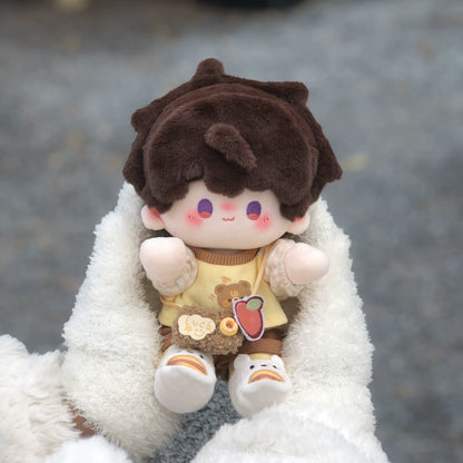 Love and Deepspace Manman-Body plush doll brown hair sitting on white fur outdoors
