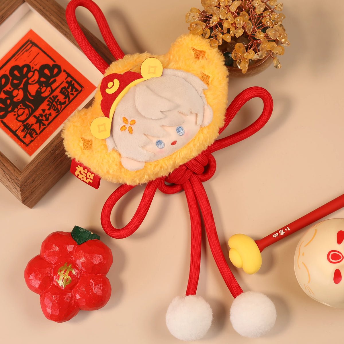Love and Deepspace lucky fortune plush charm gray hair in gold ingot with Chinese knot