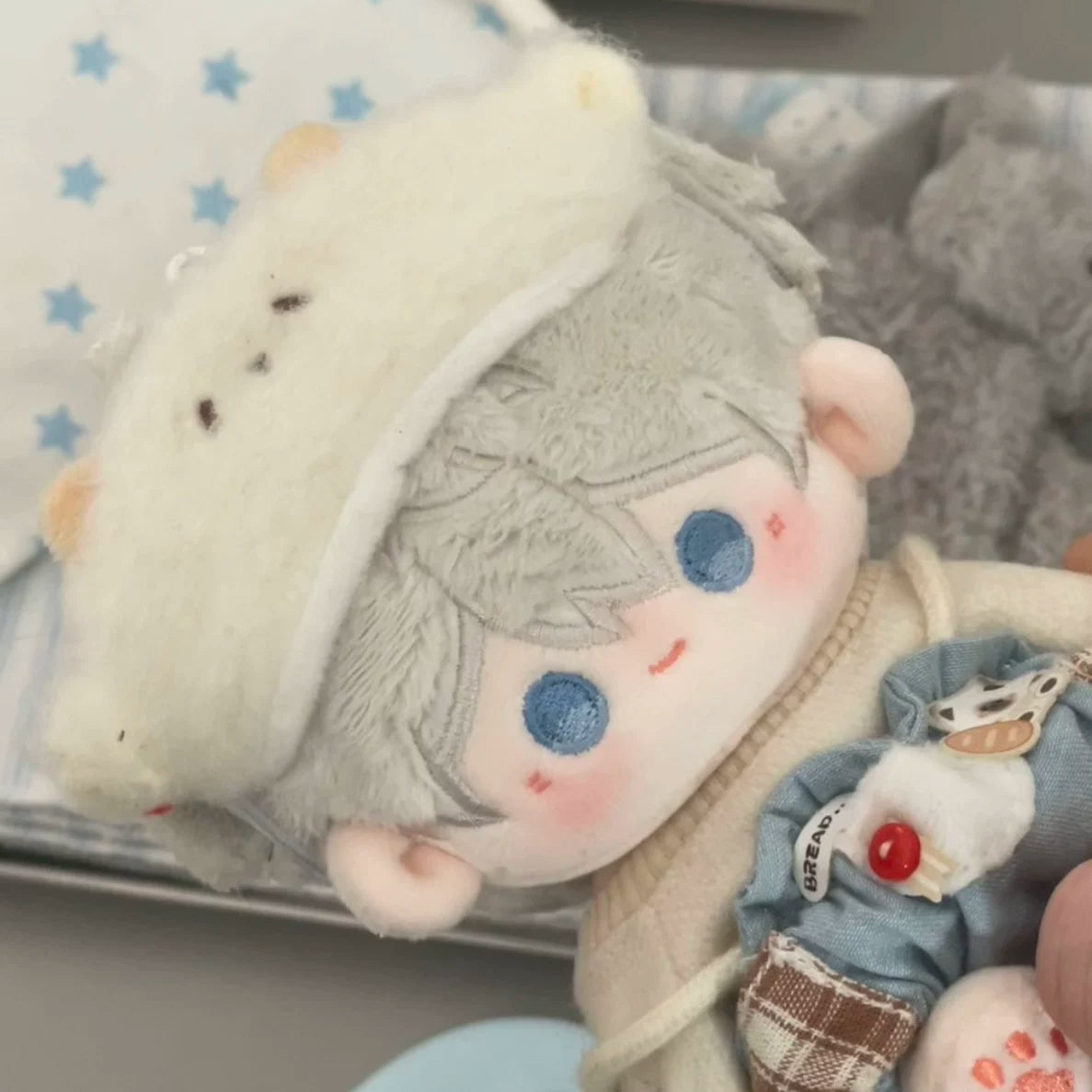 Love and Deepspace bead-eye plush doll white hair wearing white cap
